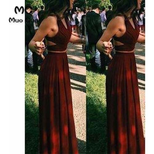 2018 Burgundy Two Pieces Gown Evening Dresses Long Chiffon Sleeveless Prom dress for teens Formal Evening Dress for Women