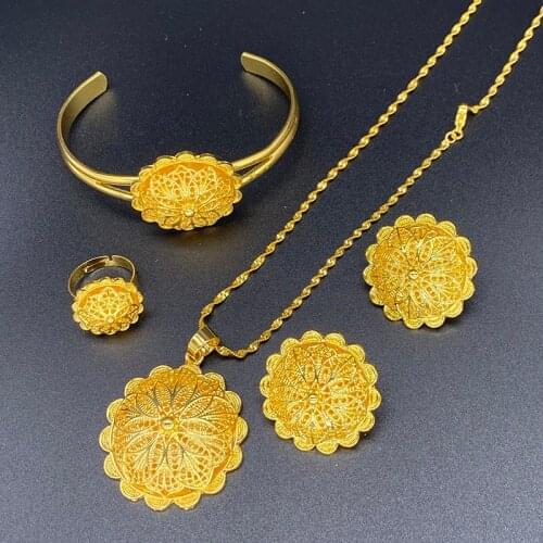 4pcs/lot Habesha Earring Gold Ethiopian collares Dubai jewelry sets for Women Ring Pendant Arabic African bridal wedding Gift