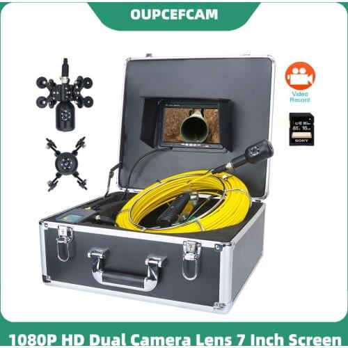 7 Inch DVR1080P HD Dual Camera Lens Drain Sewer Pipeline Industrial Endoscope Pipe Inspection System Kit 30/50M Cable DVR Record