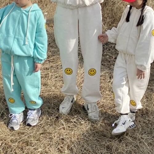 8592 2021 Family Matching Suit Autumn Korean Smile Face Zipper Terry Sweater Coat And Pants Sporty Casual Parent Child Suit