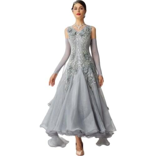 B-2052 High Quality Gray Standard Ballroom Smooth Dress High-end Custom Waltz Tango Dress For Competition