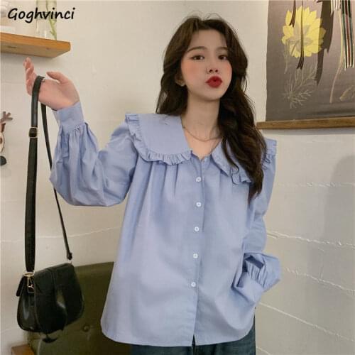 Blouses Women Solid Ruffles Sweet Girls Fall Fashion Casual Vintage Korean Style Single-breasted Chic Simple Popular All-match