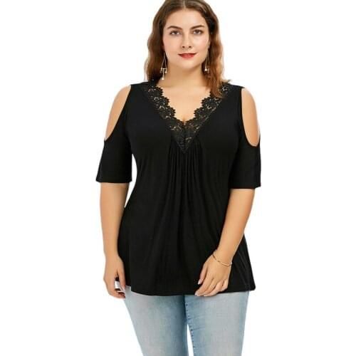 2019 Solid Color Plus Size Lace V-neck Short Sleeved 5XL Shirt for Women Fashion Casual Off Shoulder Top Blouses for Female