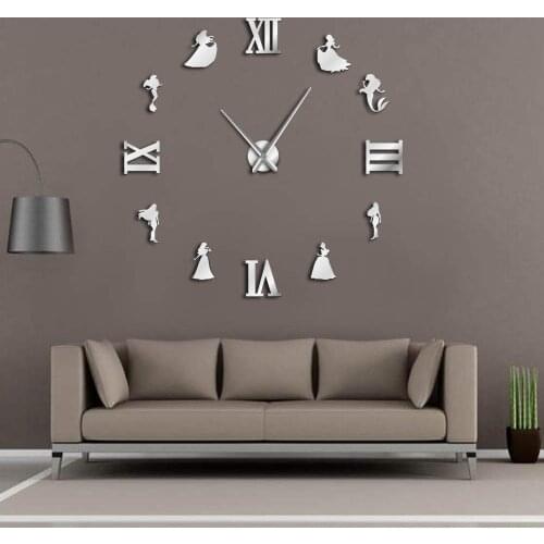Mermaid & Princess DIY Large Wall Clock Fairytale Style Frameless Giant Wall Clock Girl Room Decor Modern Design Gift For Her
