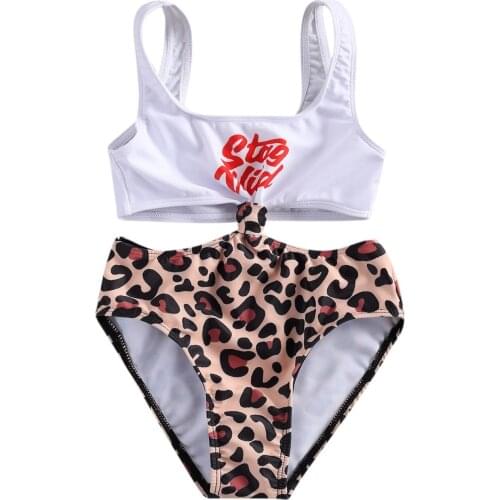 Child Girl Letter One-piece Swimsuit, Round Neck Sleeveless Hollowed-out Leopard Splicing Slim Bikini 6-13Years