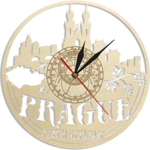 Czech Cityscape Prague Skyline Wooden Wall Clock Housewarming Wall Decor Tourism Gifts Astronomical Wall Clock