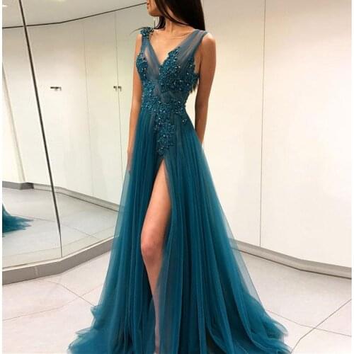 Elegant Long Evening Dresses Peacock Green Prom Gowns Sexy High Split V Neck Backless Party Dresses with Lace Appliques