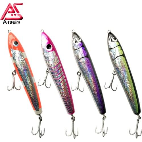 AS Stick Baits Treble Hooks 200g Top Water Handmade Wooden GT Tuna Trolling Lure Pencil Boat Fishing Artificial Bait