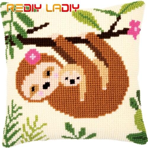 Cross Stitch Cushion Cover Sloth Mother Pillow Case Pre-Printed Canvas Thick Yarn Cross-stitch Kits Needlepoint Arts and Crafts