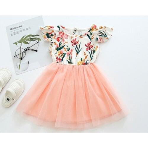 Menoea Baby Girls Dresses Summer Fashion Sleeveless Costumes Flowers Print Mesh Stitching Children Dresses Outfits 1-5Y