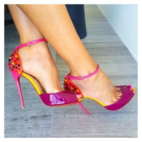 Moraima Snc Sexy Peep Toe Mixed Colors Woman Sandal Rivets Studded Ankle Strap Woman Pumps Summer Thin Heels Dress Shoes