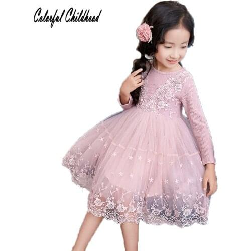 Autumn Flowers Lace Girls Dress Princess Girls Clothing kids Party Birthday Dresses Girl Costume Kids knitted long sleeve dress