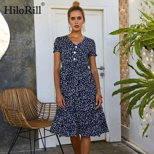 HiloRill Summer V Neck Casual Print Dress Butterfly Short Sleeve Beach Pleated Dress Single Breasted Lady Midi Dresses Vestidos