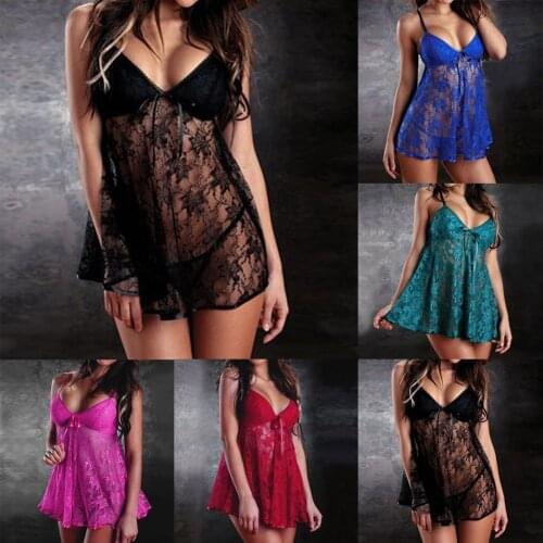 Sexy Women Lace Lingerie See Through Babydoll Dress Sleepwear Underwear G-String Sheer Sleepwear Chemises Plus Size M-2XL