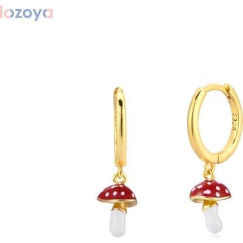 Lozoya 925 Sterling Rock Punk Fine Silver Gold Enamel Red White Mushroom Drop Earring Piercing Clips Wedding Gift Jewelry