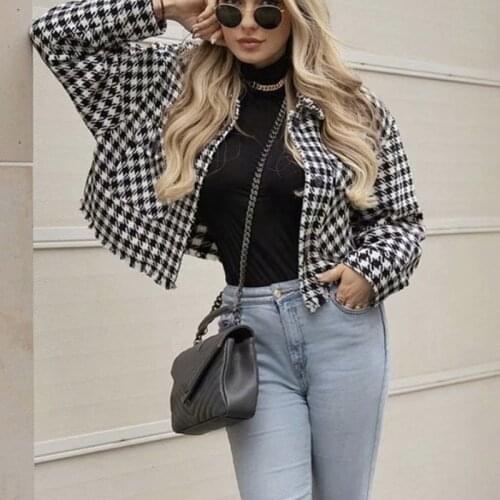 Nice Vintage Woman Loose Houndstooth Short Coats Spring Autumn Vogue Ladies Soft Plaid Outerwear Female Chic Oversized Jackets