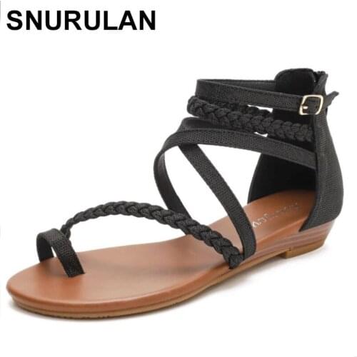 SNURULANSummer New Rome Sandals Fashion Sexy Casual Anti-slip Breathable Beach Shoes Flat Back Zipper Open Toes Pumps Womens San