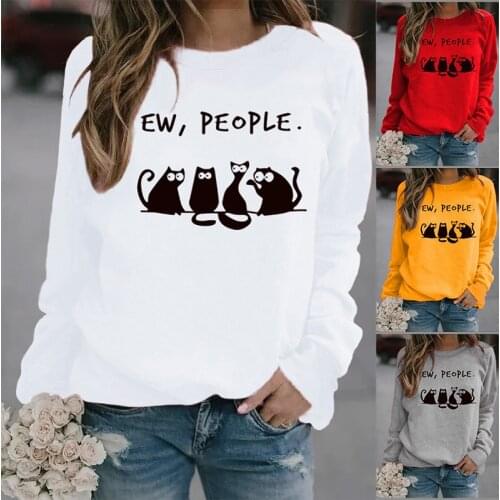 EW PEOPLE Black Cat Printed Hoodies Women Fleece Long Sleeve O Neck Loose Sweatshirt Girls Women Hoodie Pullovers Winter Autumn