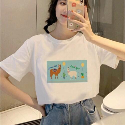 Oversized Women T Shirt Cute Alpaca Print Summer Short Sleeve Cartoon Aminal Tshirts Casual Female Clothing Lady Tops Tee Tshirt