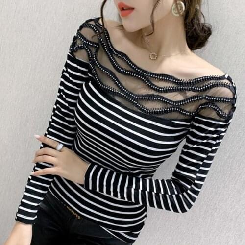 Women 2021 Spring Autumn New Fashion Sexy Shirt Blusas Mujer De Moda Long Sleeve Slash Neck Blouse Mesh Patchwork Tops A431