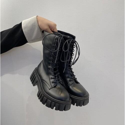 Women Motorcycle Boots Wedges Flat Shoes Woman High Heel Platform Shoes Mid-Calf Boots PU Leather Boots Lace Up Women Boots