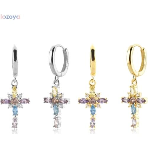 Lozoya 925 Sterling Loops Rock Silver Rainbow CZ Cross Drop Earring Piercing Luxury Crystal Women Luxury Jewelry Gift 2021 Punk