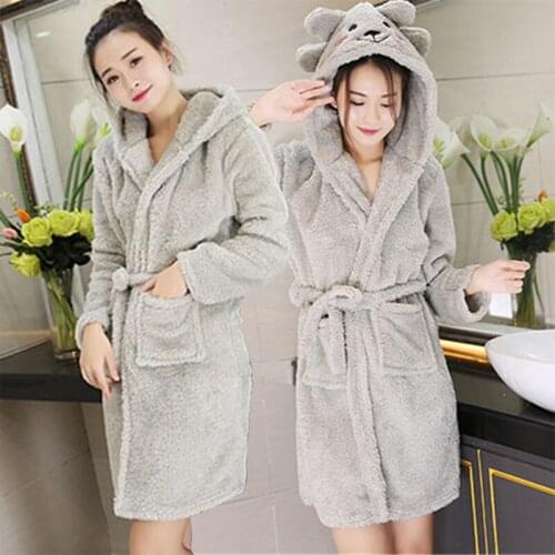 2021 Winter Cute Cartoon Long Sleeve Thick Warm Flannel Hooded Kimono Robes For Women Coral Velvet Sleepwear Bathrobe Home Dress