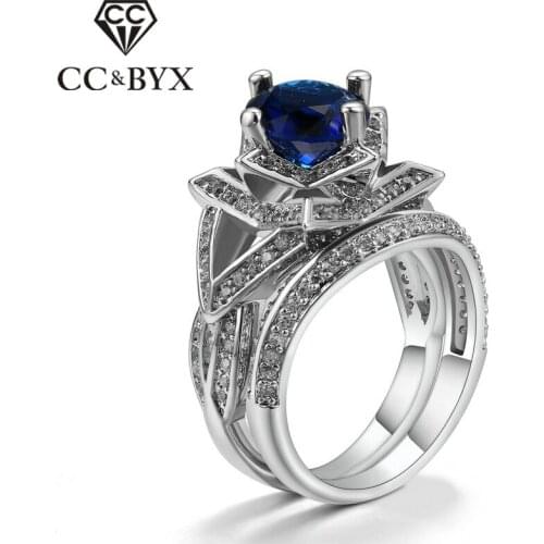 CC Engagement Ladies Rings For Women Charms Bridal Wedding Jewelry White Gold-Color Blue Stone Unique Ring Bijoux Femme CC1240