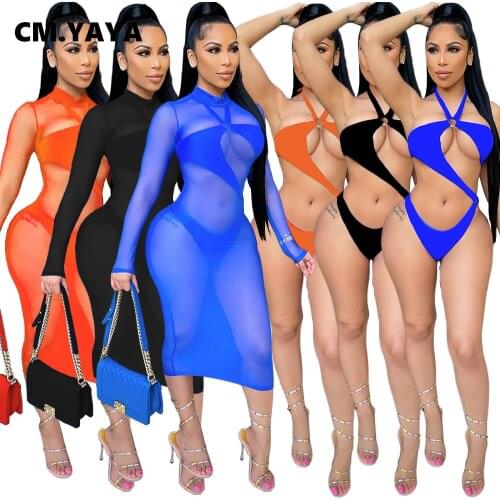 CM.YAYA Summer Beach Mesh See Though Midi Dress with Bodysuit for Women Swimsuit Sexy Bikinis Set Matching Two 2 Piece Set