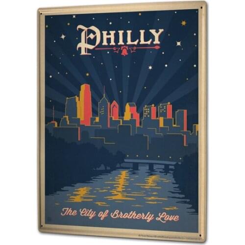 Tin Sign Retro Art Metropole Philly skyline at night