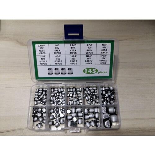145pcs Aluminum electrolytic capacitor kit mix 10values box 35V/25V/10V 0.47uf/1uf/2.2uf/4.7uf/10uf/22uf/47uf/100uf/220uf/470uf