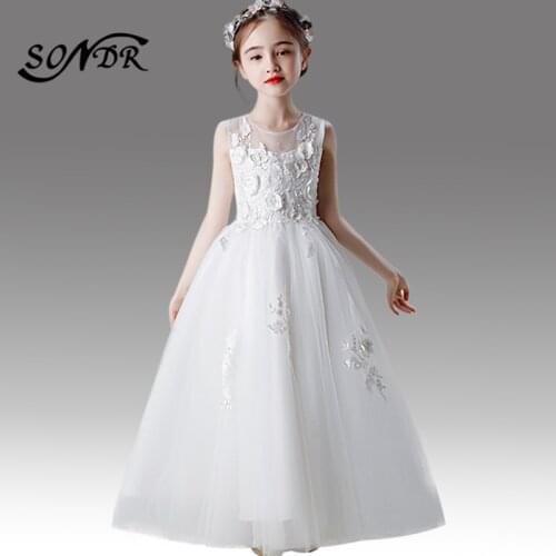 White Flower Girl Dress for Weddings HT132 Elegant Appliques O-neck Pageant Dresses for Girls Long Tulle Ball Gowns 2020