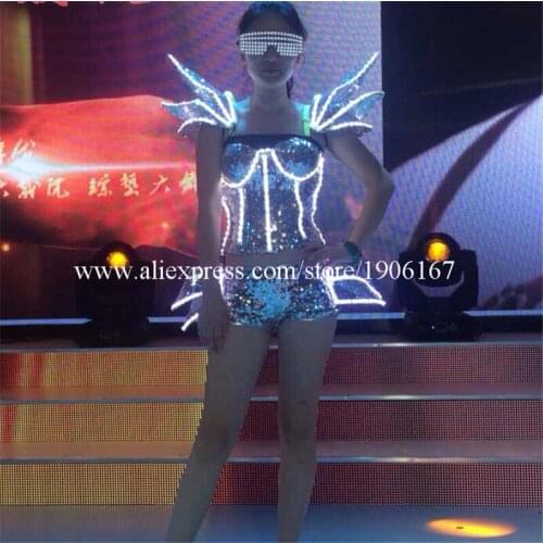 White Color Led Light Flashing Sexy Women Suit Dress Costume Luminous Sexy Lady Bra Vest And Pants Suit For Women Party DJ Club