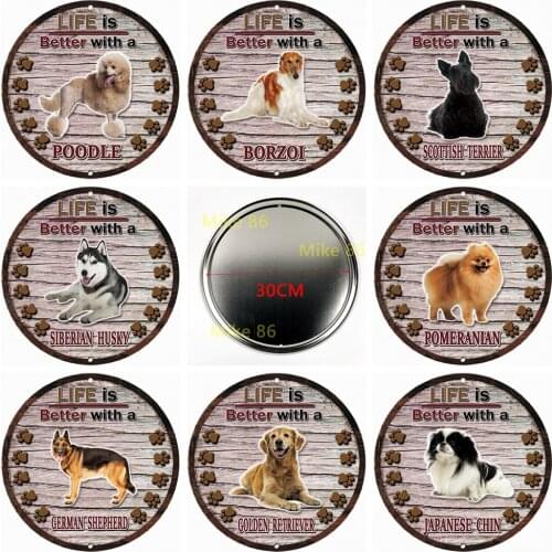 [ Decorman ] Dog Husky Labrador Shih Tzu Poodle Tin Sign Vintage Fast Food Round Painting Gift art Bar Decoration R-001 30 CM