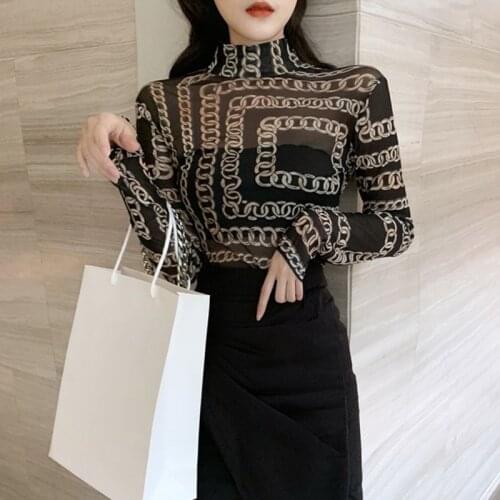 Korean Sexy Mesh T-Shirt Women Fashion See-through T Shirts Female Chain Printed Slim Long Sleeve Slim Tshirt Tops