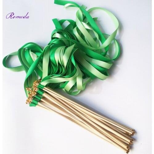 Hot Style 50pcs/lot Grass Green wedding ribbon wands with gold bell for wedding decoration