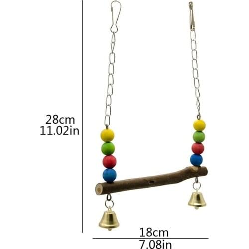 Parrot Swing Toy Funny Natural Wooden Parrot Perch Stand Bird Hanging Bell Toy Colorful Bead Swing Toy Standing Training Toys
