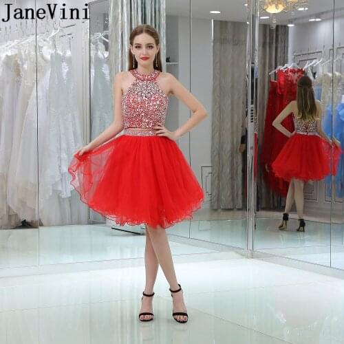 JaneVini Bling Bling Beaded Homecoming Dresses Red Two Piece Sequined Robe Cocktail A Line Organza Skirt Short Formal Dress 2019
