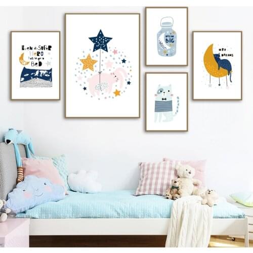 Rabbit Cat Stars Moon Bottle Quote Wall Art Canvas Painting Nordic Posters And Prints Cartoon Wall Pictures Baby Kids Room Decor