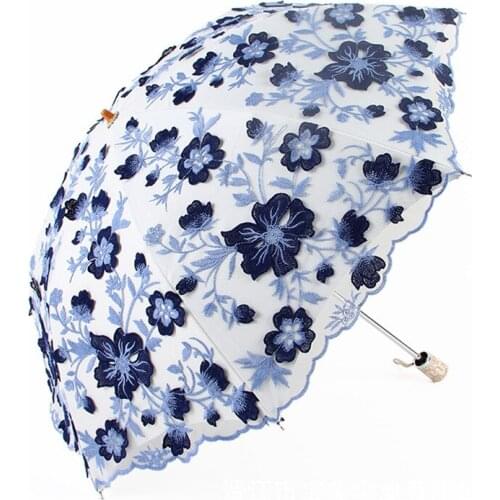 Lace Double Layer Plastic anti-UV Sun Parasol Folding 3D Flower Embroidery Multi color Umbrella Creative Gift Parasol