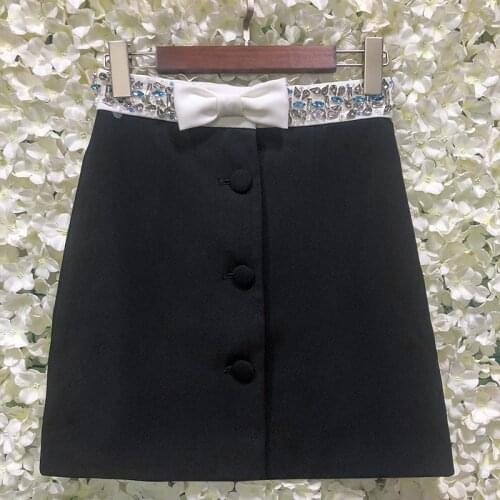 Bowknot Rhinestone Beading Luxury Design High Waist Button A-Line Mini Skirt Black Single Breasted Elegant Brand Clothing
