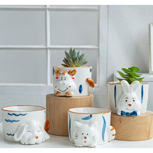 Korean Celadon Cartoon Animal Succulent Mini Round Flowerpot Cactus Indoor Ceramic Potted Green Plant Home Balcony Garden
