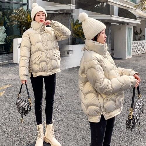Nice Winter Womans Short Glossy Puffer Jacket Stand Collar Casual Thick Down Cotton Parkas Plus Size Female Bubble Coat Outwear