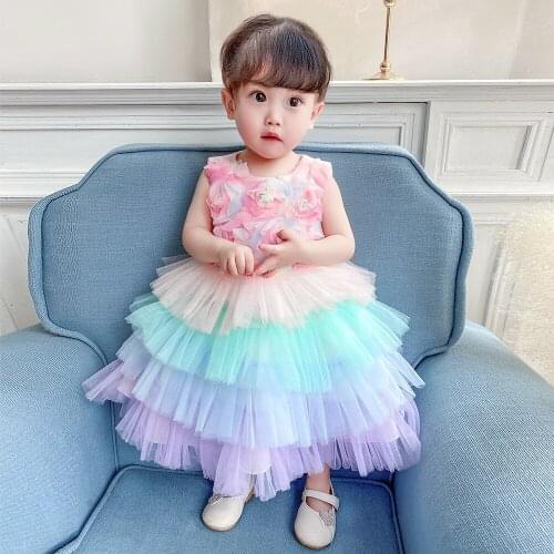 Rainbow Three-dimensional Petals Color Mesh Cake Dress Princess Skirt Sleeveless Dress Dress
