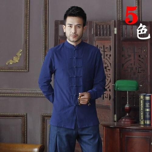 Summer New Navy Blue Chinese Traditional Mens Mandarin Collar Solid Cotton Long Sleeve Kung-Fu Shirt Coat M L XL XXL XXXL D01
