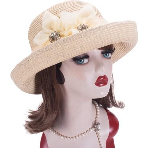 Upturned Brim Womens Floral Straw Church Wedding Bridal Hat T424
