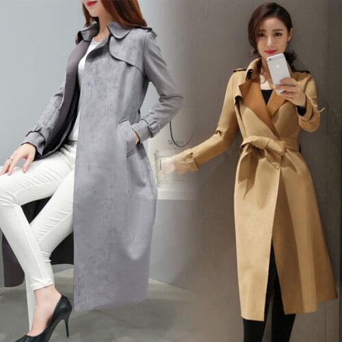 Autumn Spring Long Faux Leather Suede Trench Women Plus Size Fall Ladies Korean Khaki Red Pink Large Size Faux Suede Coat