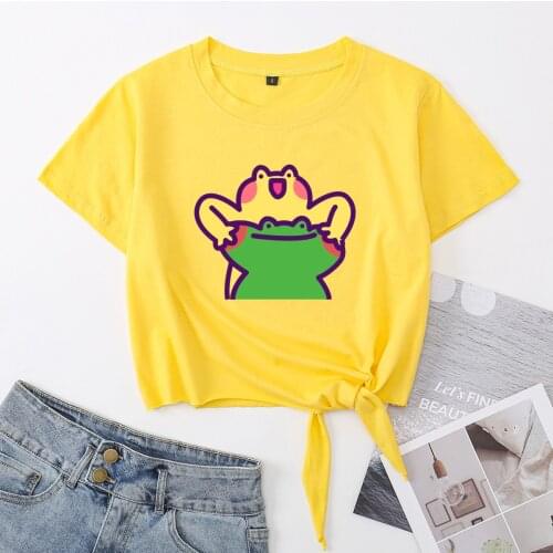 Funny Frog Couple Crop Top Womens Summer Casual Short-sleeve Printing Cotton T-shirt Cropped Tops Graphic Tee with Front Knot