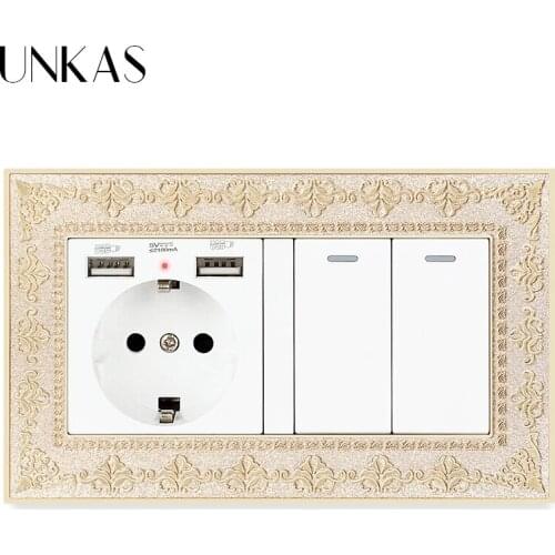 UNKAS 4D Zinc Alloy Metal Panel EU Socket Dual USB Port Soft LED + 2 Gang 1 / 2 Way On / Off Light Switch Embossing Retro Frame