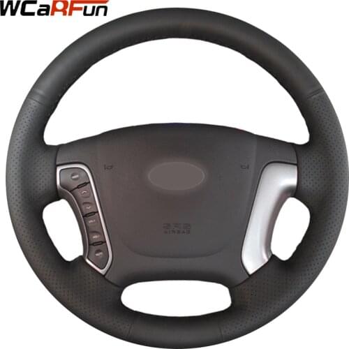 WCaRFun Hand-Stitched Steering Cover Black Artificial Leather Car Steering Wheel Cover for Hyundai Santa Fe 2006-2012